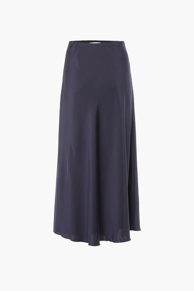 Navy blue midi skirt with flowing silhouette and smooth fabric, front view on white background