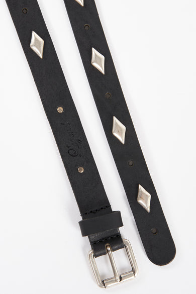Ceinture noire en cuir de Legend avec des détails de losanges argentés et boucle en métal.