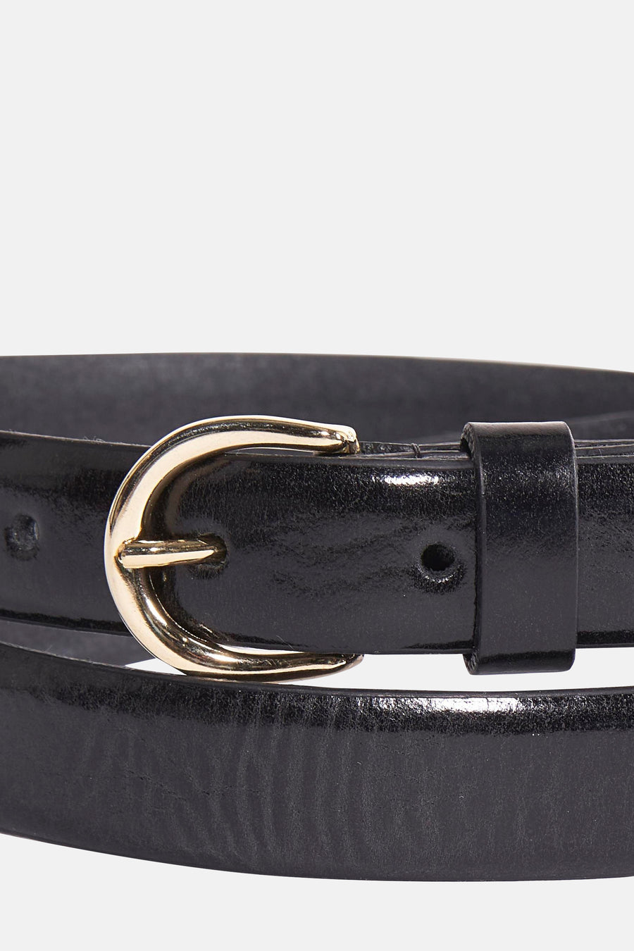 Ceinture noire de Legend, avec boucle dorée classique, en cuir verni brillant.