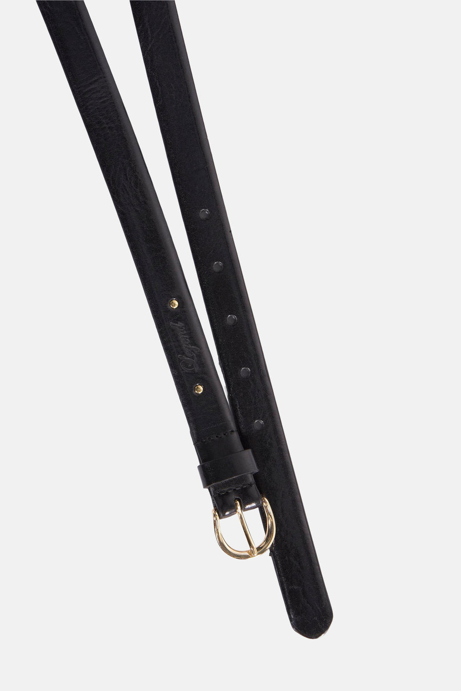 Ceinture noire en cuir de Legend, avec boucle dorée et rivets décoratifs.