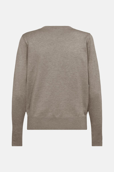 Pull à col rond taupe de FREEQUENT, avec une texture tricotée fine et des bords côtelés.
