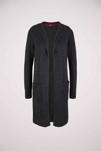 Grey long sleeveless knit cardigan with ribbed pockets and hood, front view