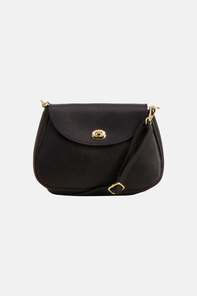 Black textured leather shoulder bag with gold-tone hardware and flap closure, front view