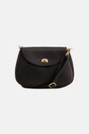 Black textured leather shoulder bag with gold-tone hardware and flap closure, front view