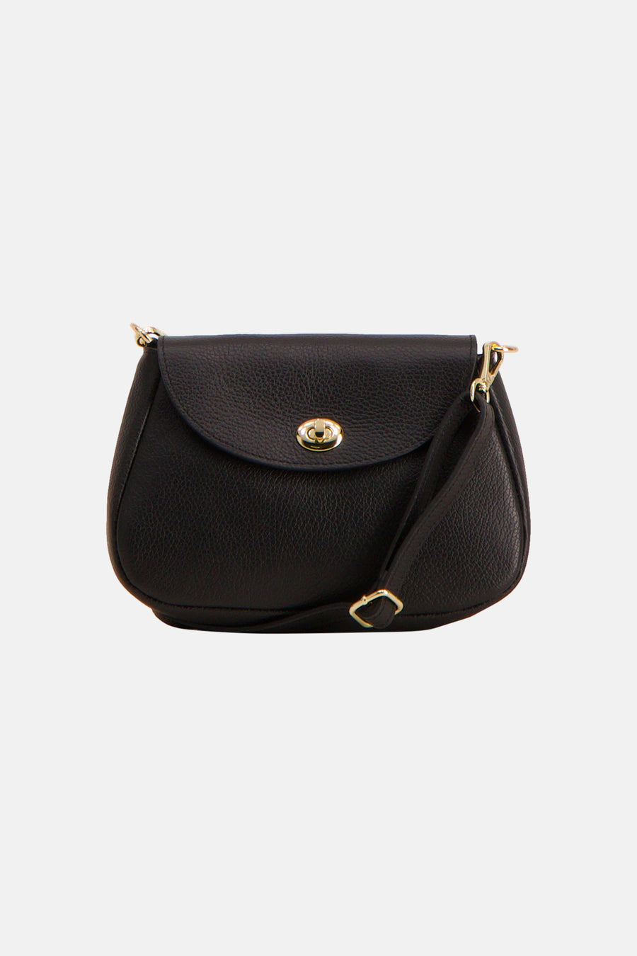Black textured leather shoulder bag with gold-tone hardware and flap closure, front view