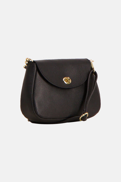 Black textured leather shoulder bag with gold-tone hardware and flap closure, front view
