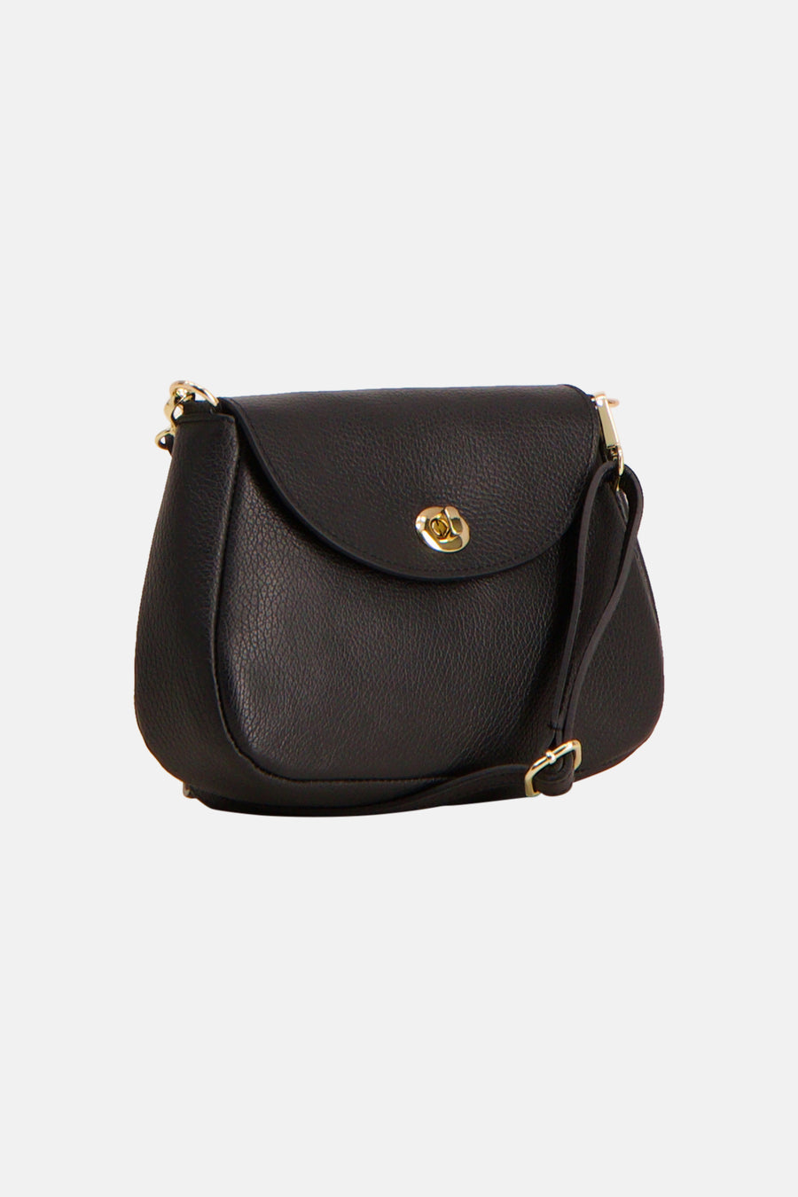 Black textured leather shoulder bag with gold-tone hardware and flap closure, front view