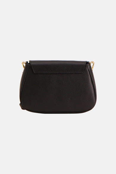 Black textured leather shoulder bag with gold-tone hardware and flap closure, front view