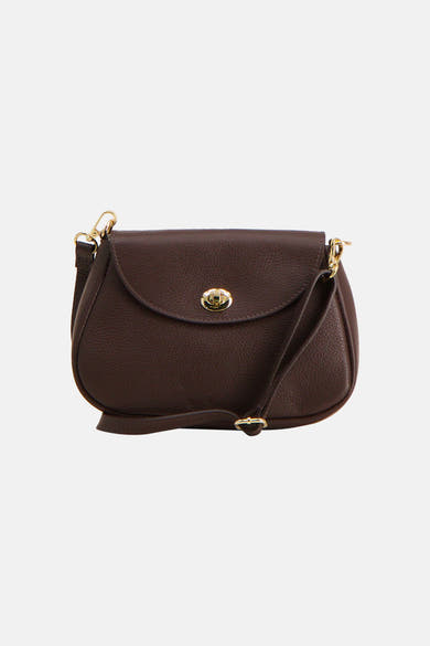 Brown textured leather crossbody bag with gold-tone hardware and flap closure, front view