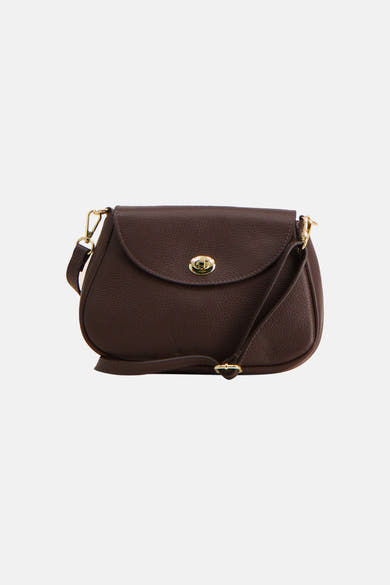 Brown textured leather crossbody bag with gold-tone hardware and flap closure, front view
