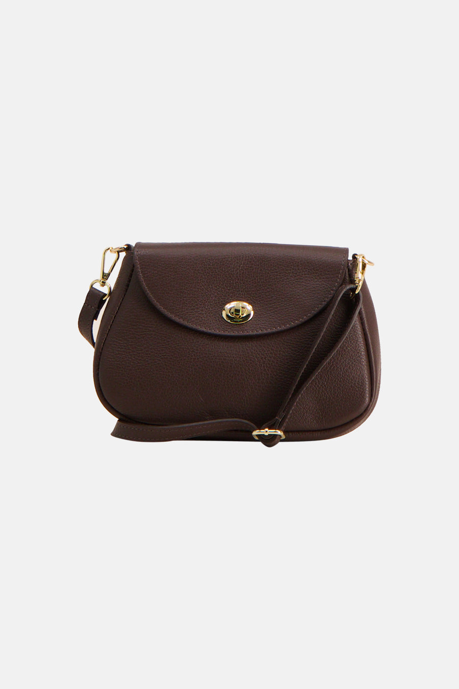 Brown textured leather crossbody bag with gold-tone hardware and flap closure, front view