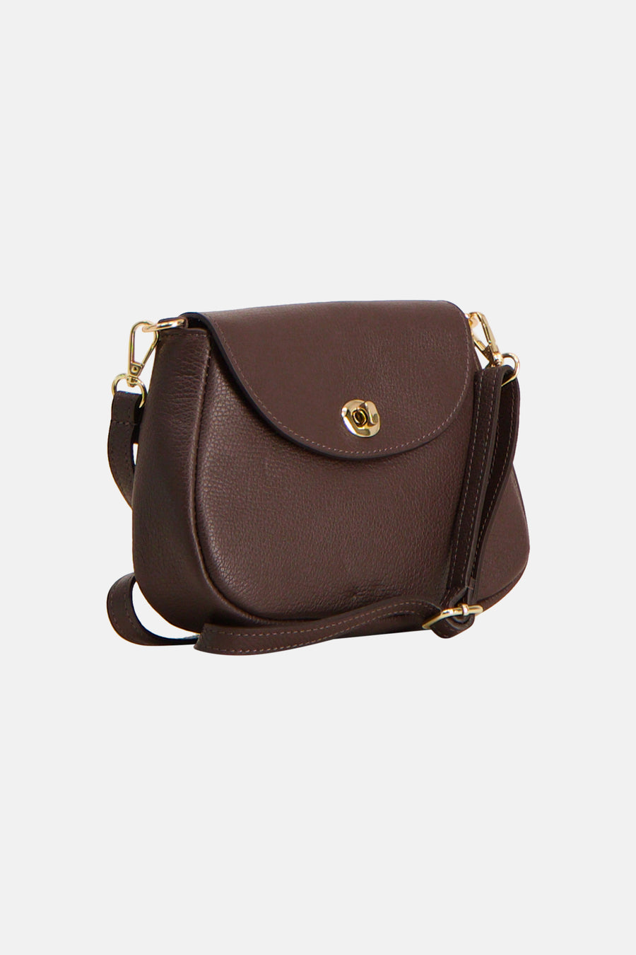 Brown textured leather crossbody bag with gold-tone hardware and adjustable strap, front view