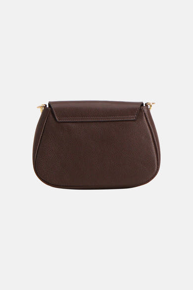 Brown textured leather shoulder bag with flap closure and gold-tone hardware, front view