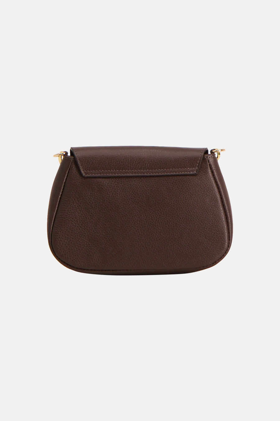 Brown textured leather shoulder bag with flap closure and gold-tone hardware, front view