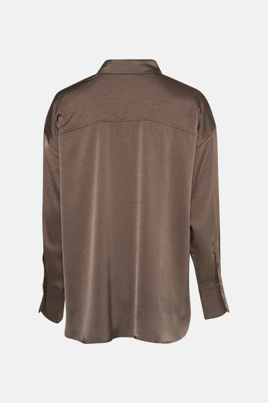 Taupe blouse met lange mouwen van FREEQUENT, van achteren gezien, met een pas en een glanzende textuur.