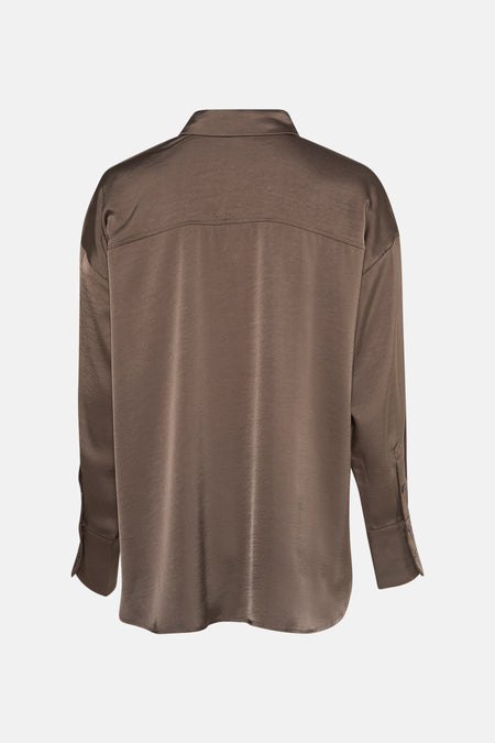 Taupe blouse met lange mouwen van FREEQUENT, van achteren gezien, met een pas en een glanzende textuur.
