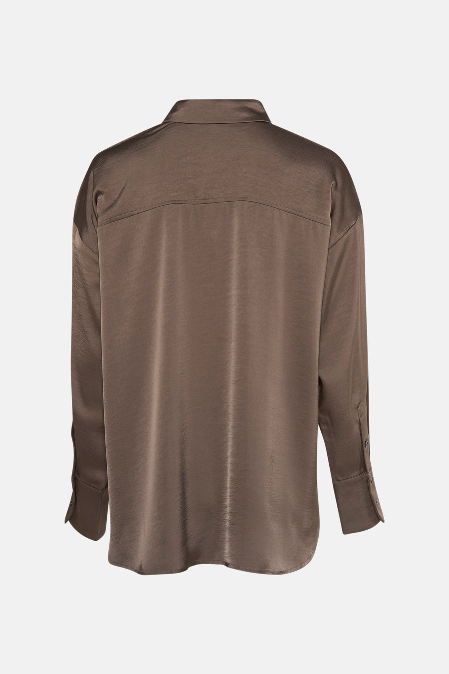Taupe blouse met lange mouwen van FREEQUENT, van achteren gezien, met een pas en een glanzende textuur.