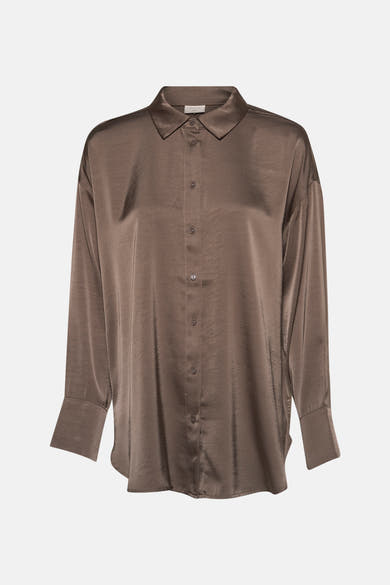 Taupe blouse met lange mouwen van FREEQUENT, in glanzende stof met knopen aan de voorkant en knoopmanchetten.