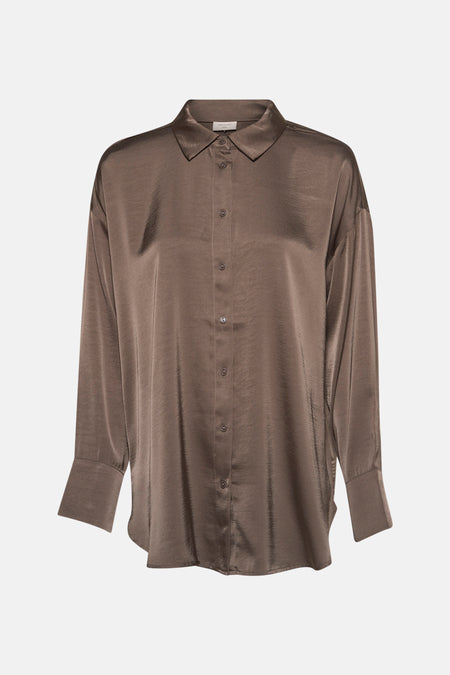 Taupe blouse met lange mouwen van FREEQUENT, in glanzende stof met knopen aan de voorkant en knoopmanchetten.