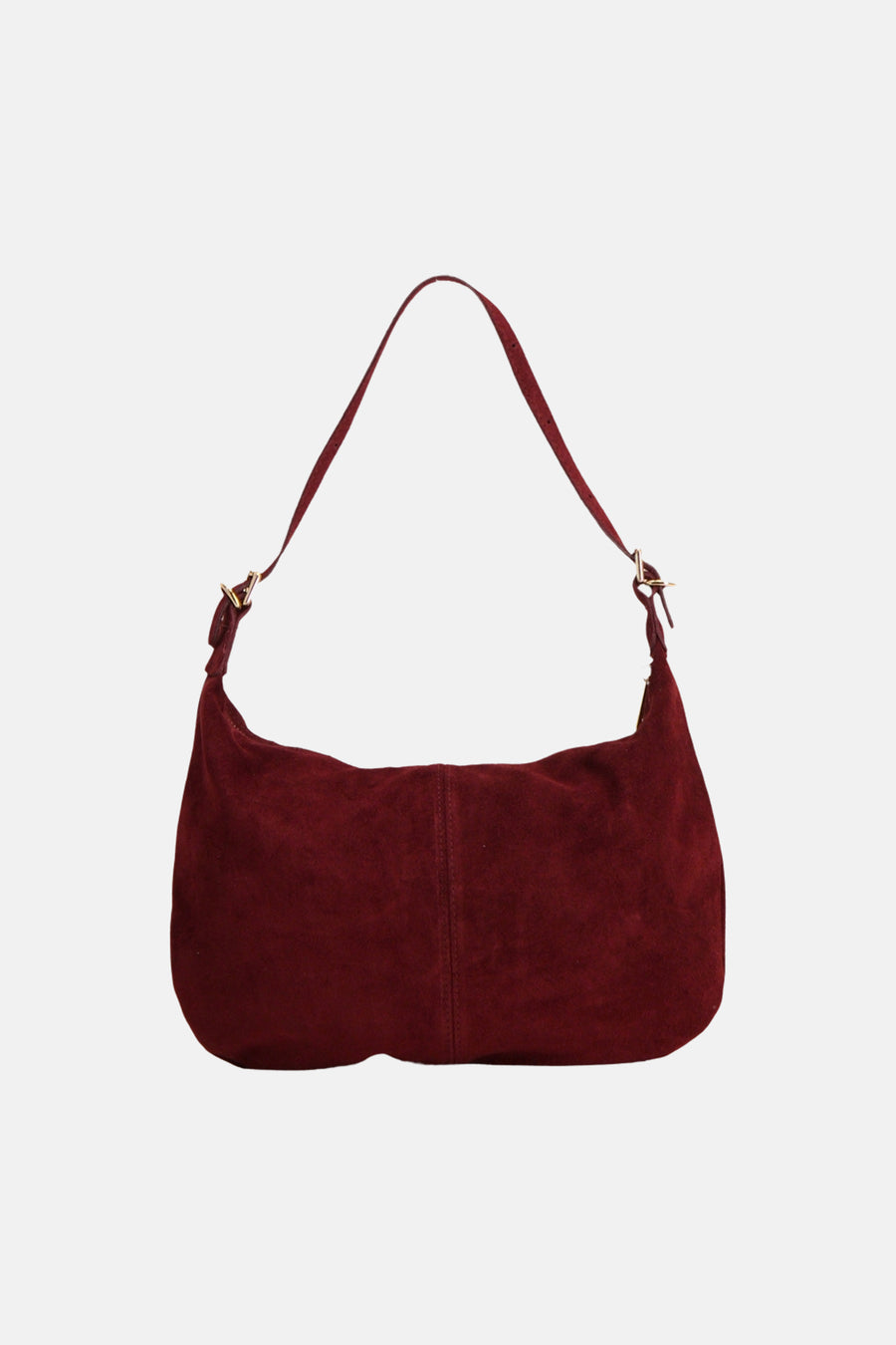 Red suede shoulder bag with adjustable strap and gold-tone hardware, front view