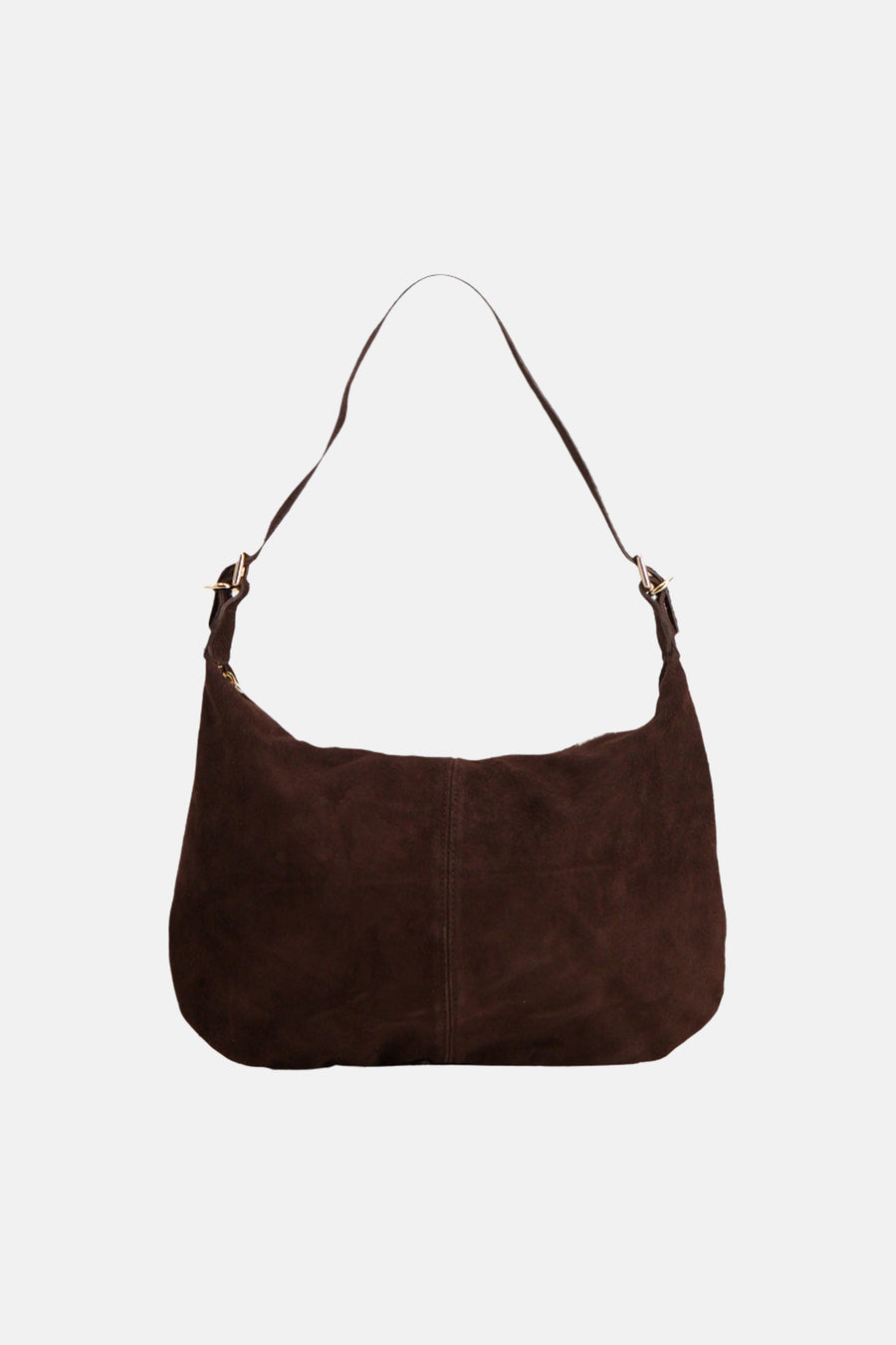 Brown suede shoulder bag with adjustable strap and gold-tone hardware, front view