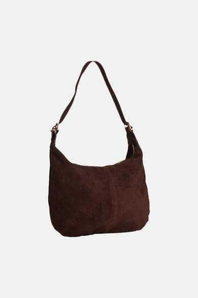 Brown suede shoulder bag with adjustable strap and gold-tone hardware, front view