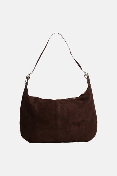 Brown suede shoulder bag with gold-tone hardware and adjustable strap, front view