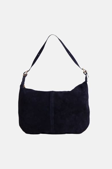 Navy blue suede shoulder bag with gold-tone hardware and adjustable strap, front view
