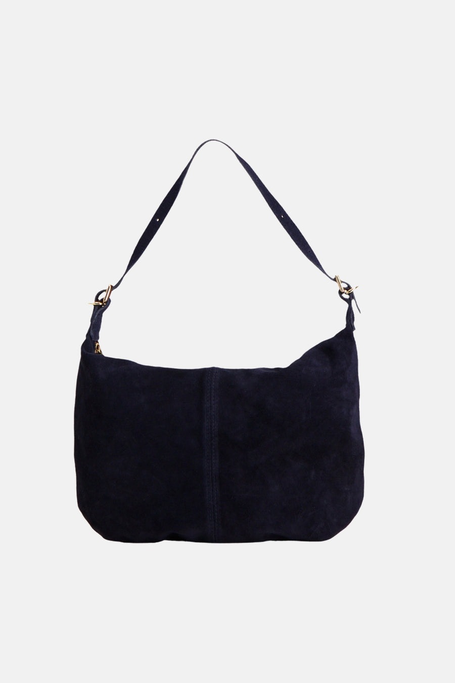 Navy blue suede shoulder bag with gold-tone hardware and adjustable strap, front view