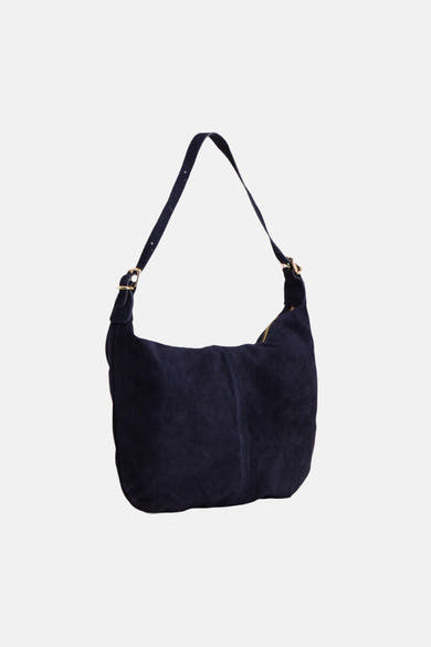 Navy blue suede shoulder bag with gold-tone hardware and adjustable strap, front view