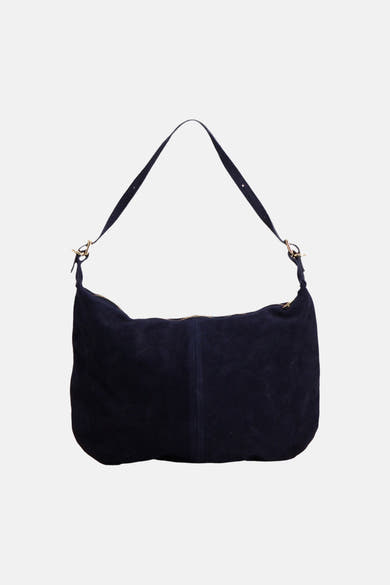 Navy blue suede shoulder bag with gold-tone hardware and adjustable strap, front view