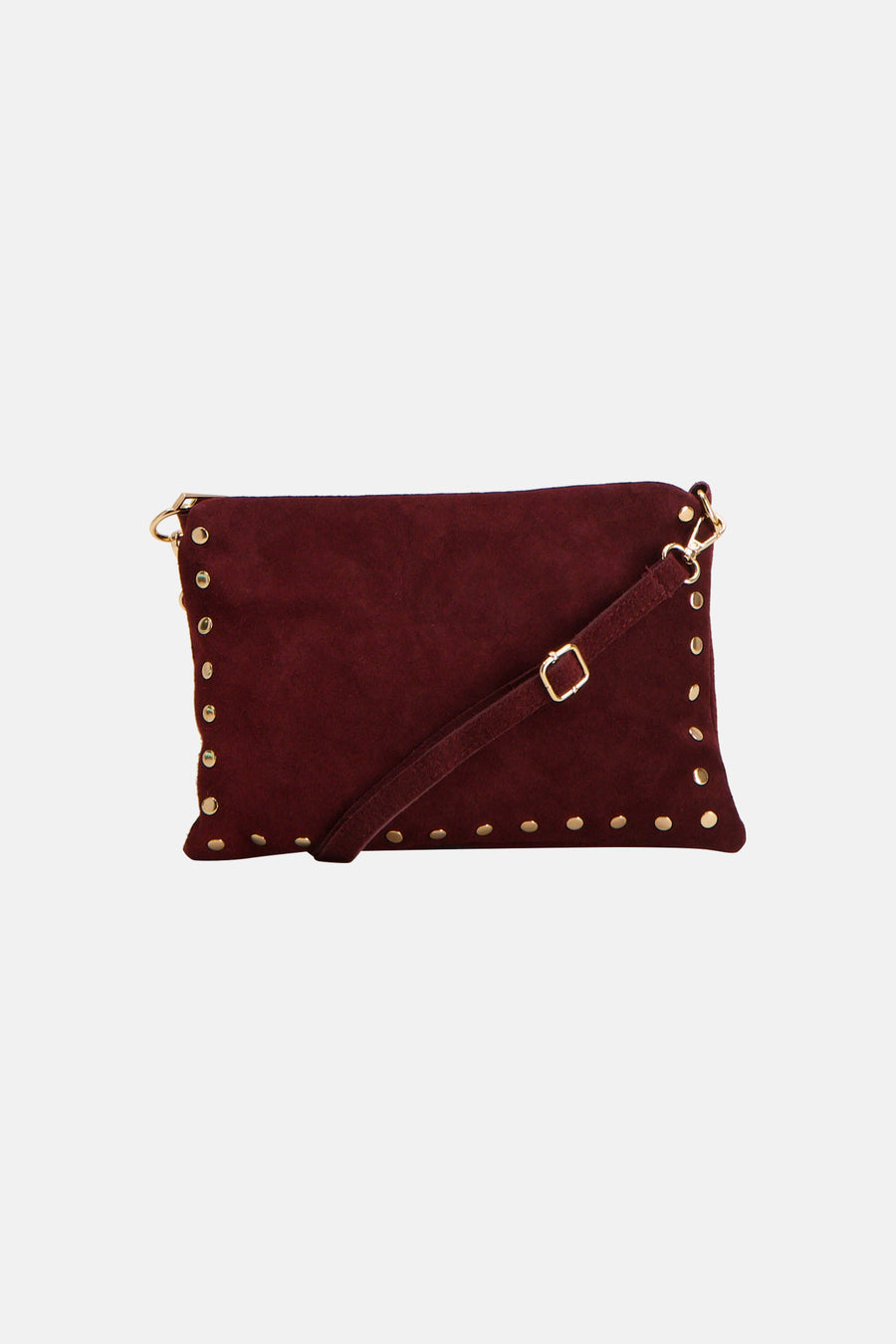 Burgundy suede crossbody bag with gold-tone studs and adjustable strap, front view
