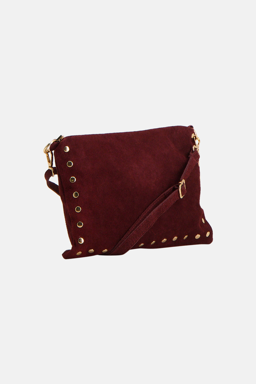 Burgundy suede crossbody bag with gold-tone studs and adjustable strap, front view