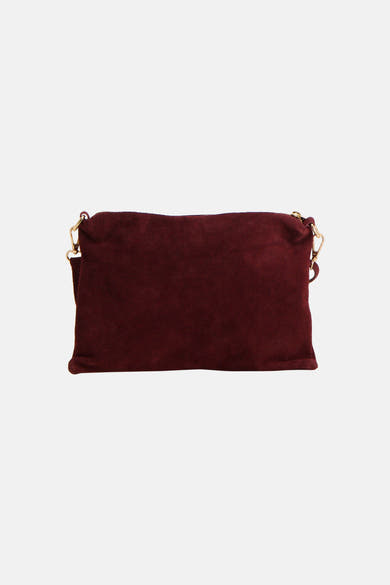Burgundy suede crossbody bag with gold-tone hardware, front view, minimalist design