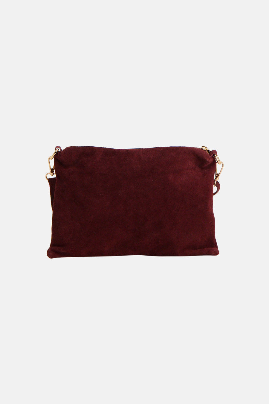 Burgundy suede crossbody bag with gold-tone hardware, front view, minimalist design