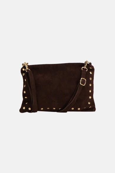 Brown suede crossbody bag with gold-tone studs and adjustable strap, front view