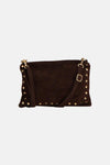 Brown suede crossbody bag with gold-tone studs and adjustable strap, front view