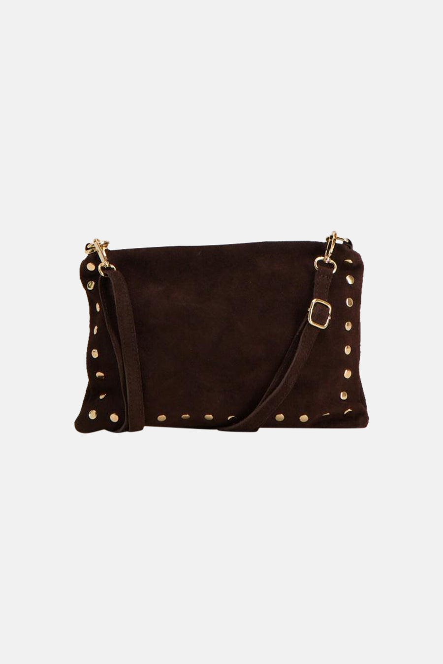 Brown suede crossbody bag with gold-tone studs and adjustable strap, front view