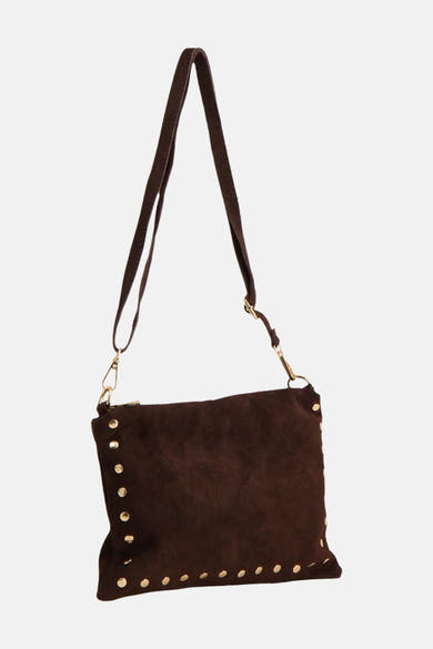 Brown suede crossbody bag with gold-tone studs and adjustable strap, front view