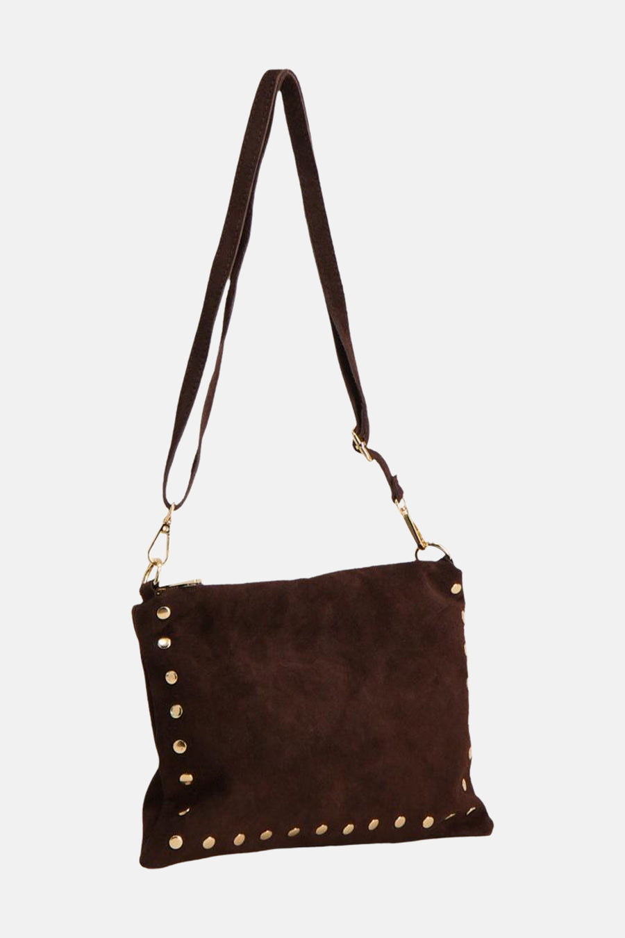 Brown suede crossbody bag with gold-tone studs and adjustable strap, front view
