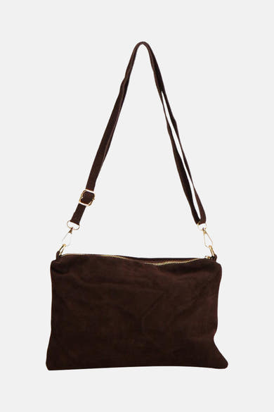 Brown suede crossbody bag with gold-tone zipper and adjustable strap, front view