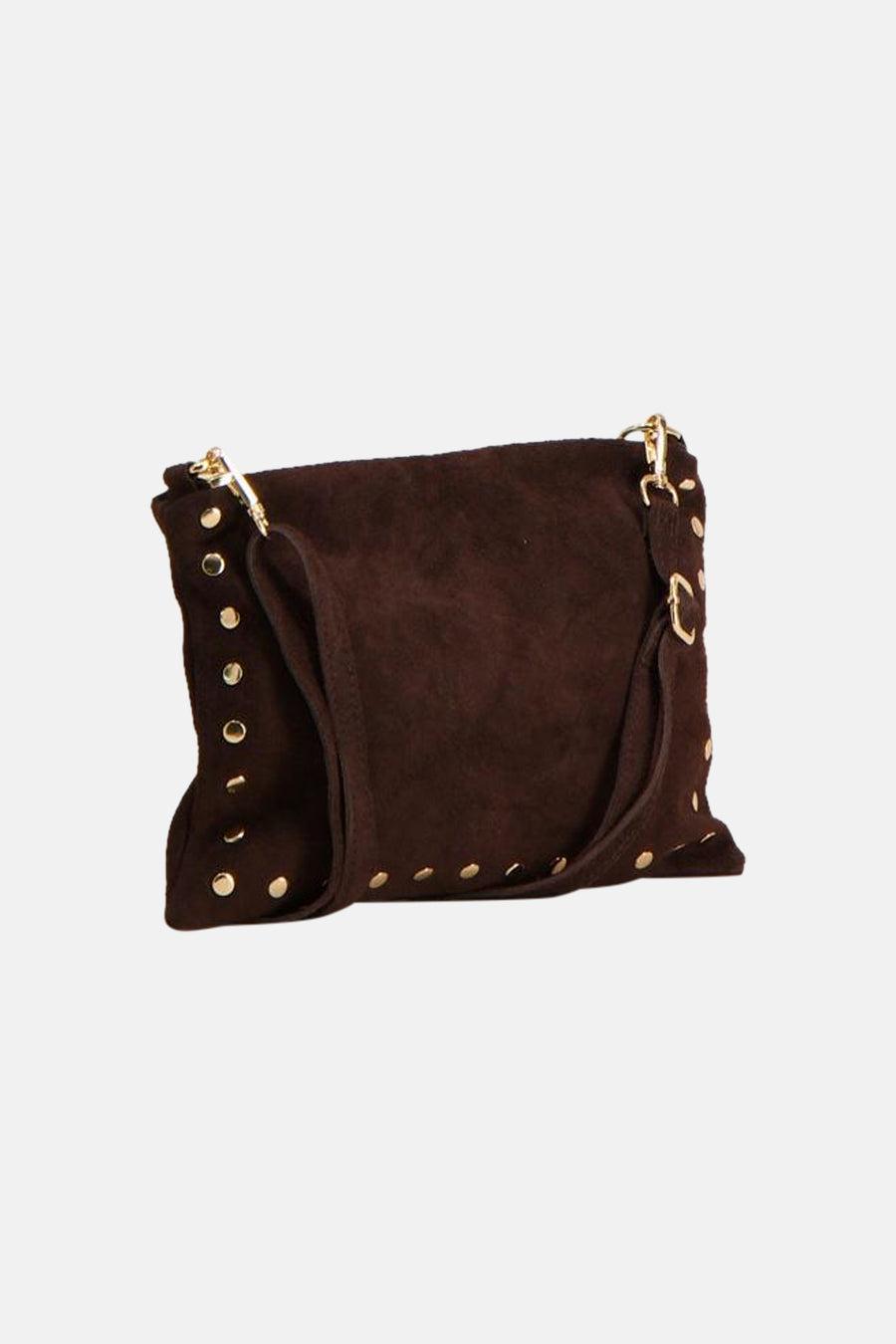 Brown suede crossbody bag with gold-tone studs and hardware, front view
