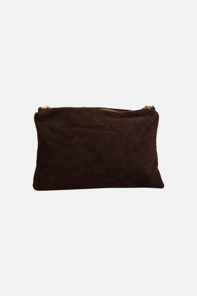 Brown suede crossbody bag with gold-tone zipper closure, front view