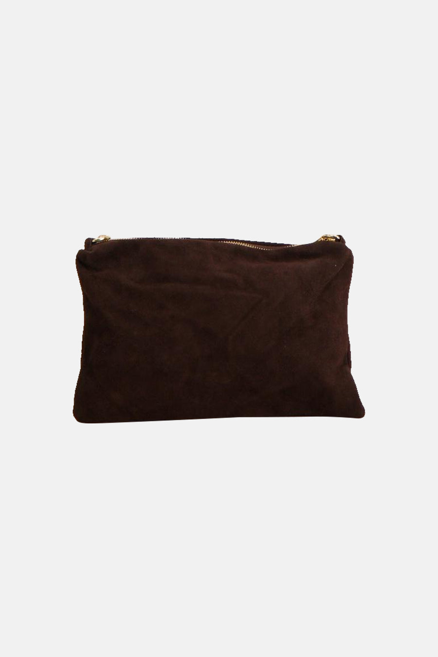 Brown suede crossbody bag with gold-tone zipper closure, front view