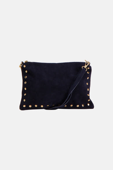 Navy blue suede crossbody bag with gold-tone studs and adjustable strap, front view