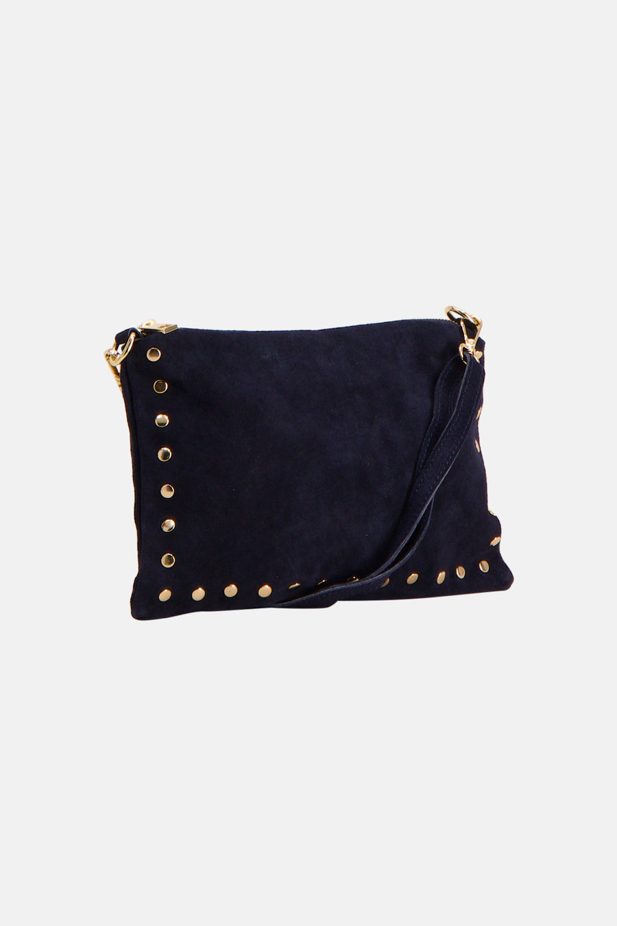 Navy blue suede crossbody bag with gold-tone studs and adjustable strap, front view