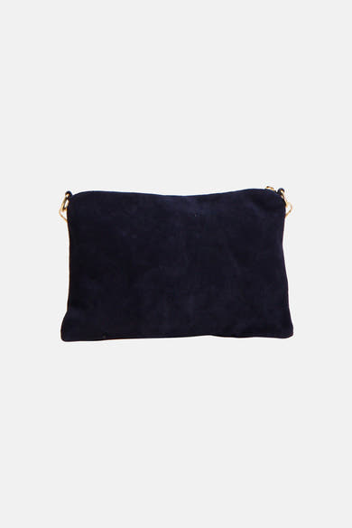 Navy blue suede crossbody bag with gold-tone hardware, front view