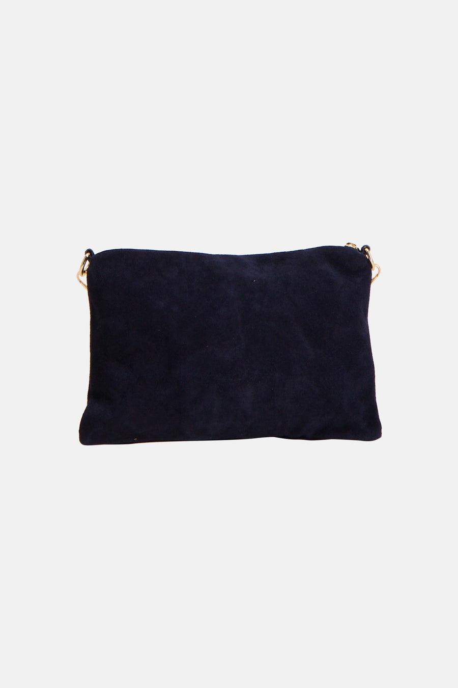 Navy blue suede crossbody bag with gold-tone hardware, front view