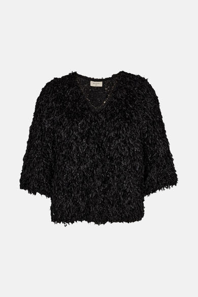 Zwarte blouse met korte mouwen van Freequent, in getextureerde stof met een pluizig effect.