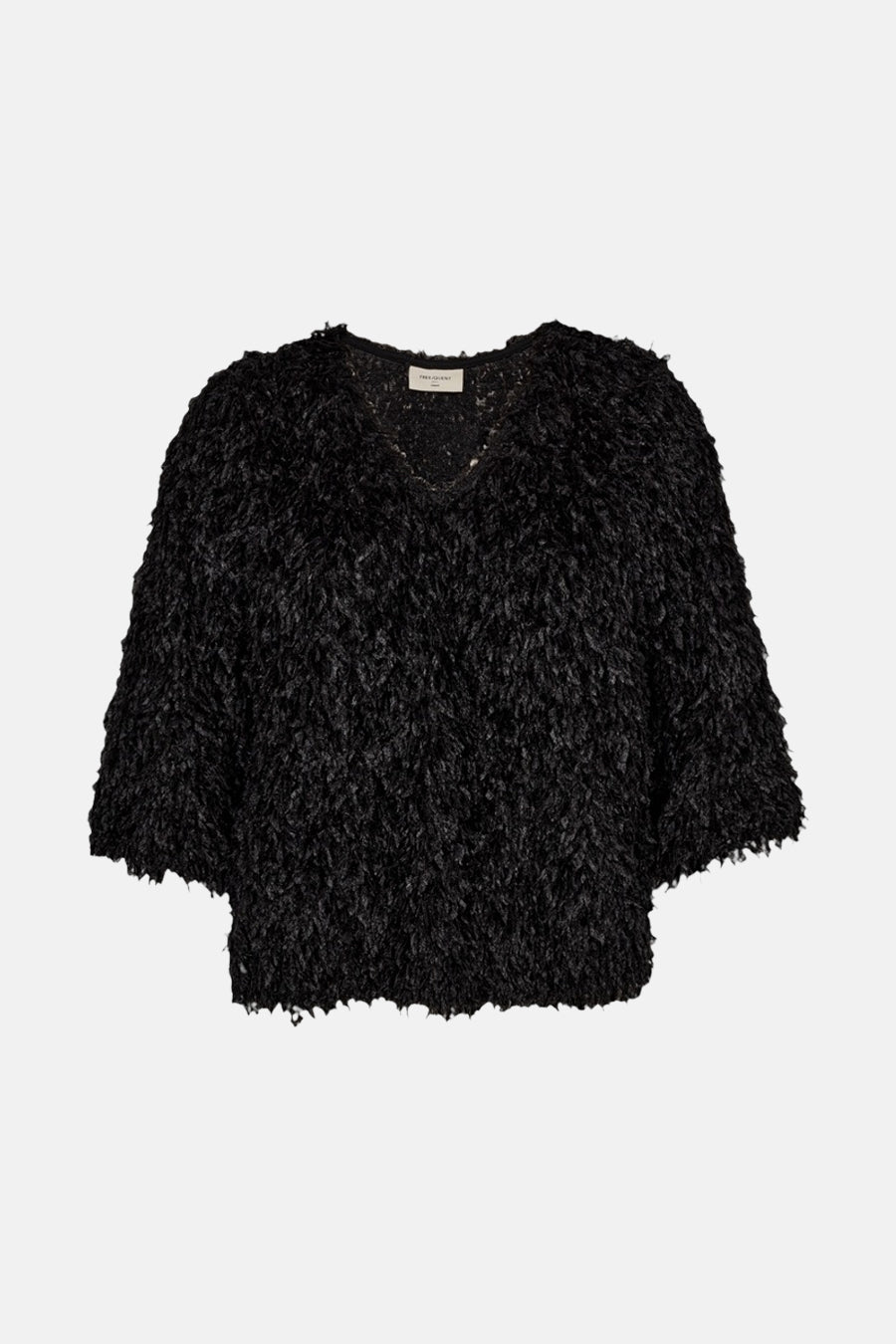 Zwarte blouse met korte mouwen van Freequent, in getextureerde stof met een pluizig effect.